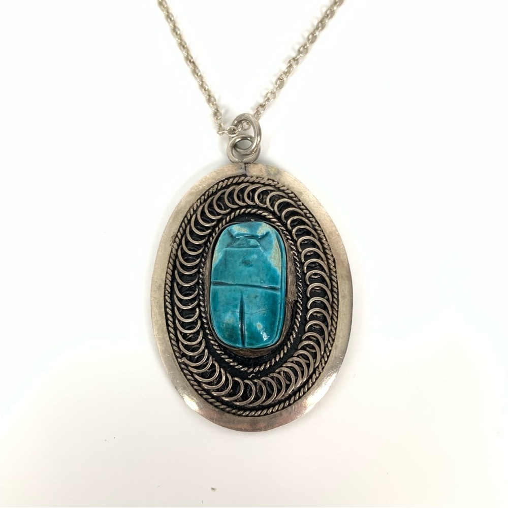 Sterling Silver Necklace Blue Scarab Beetle Egyptian Revival Stamped 950 Vtg